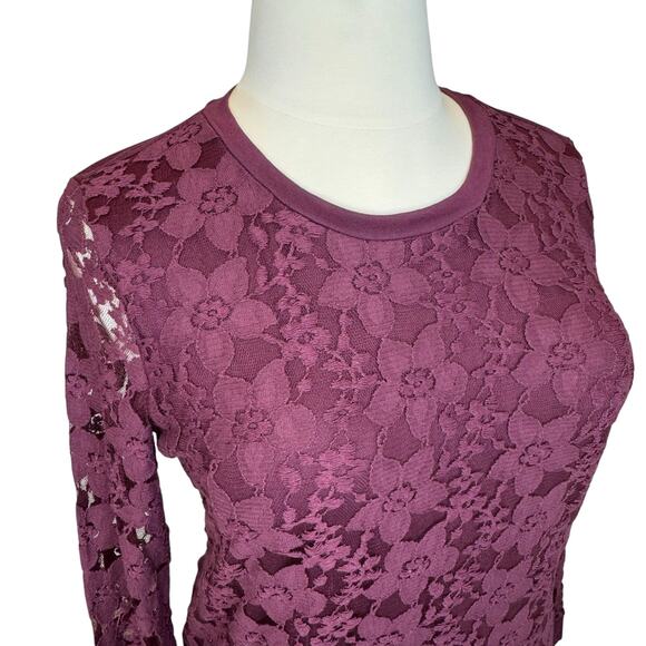 Adrianna Papell Lace Overlay Crew Neck Long Sleeve Top in Merlot Women's Large - Picture 7 of 15